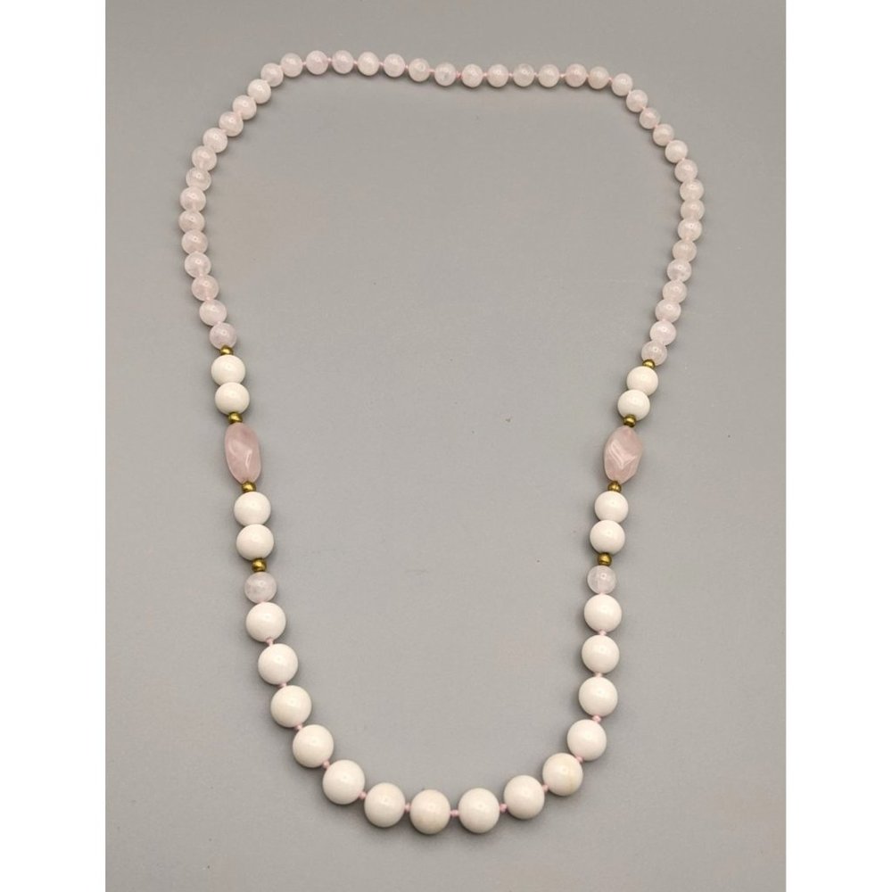 Gorgeous Knotted Rose Quartz & White Glass Beaded Single-Strand Necklace 29"